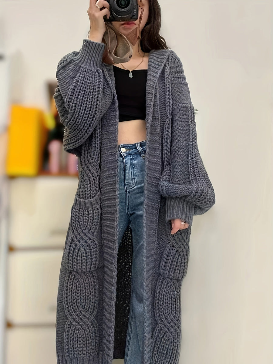 Damen Strickmantel Lang mit Kapuze Zopfmuster Strickjacke Grau