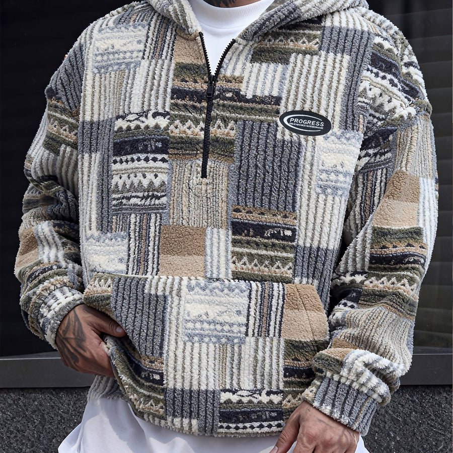 Heren patchwork-hoodie van teddyfleece met quarter-zip