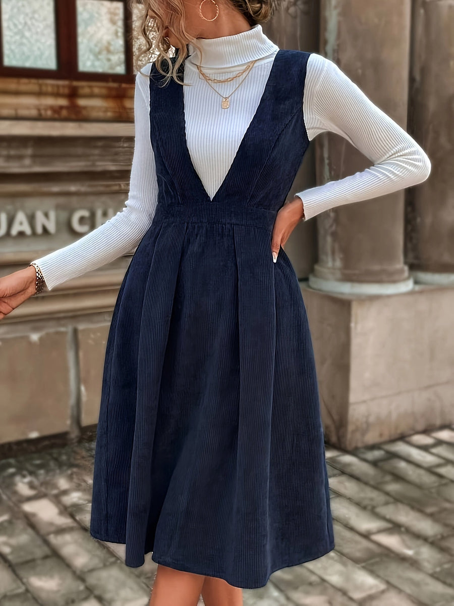 Damen Latzkleid Kord Midi Tief V-Ausschnitt Dunkelblau