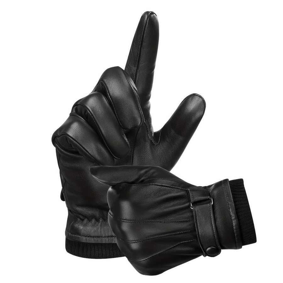 Schwarze Handschuhe mit Strickbündchen und Riemenverschluss