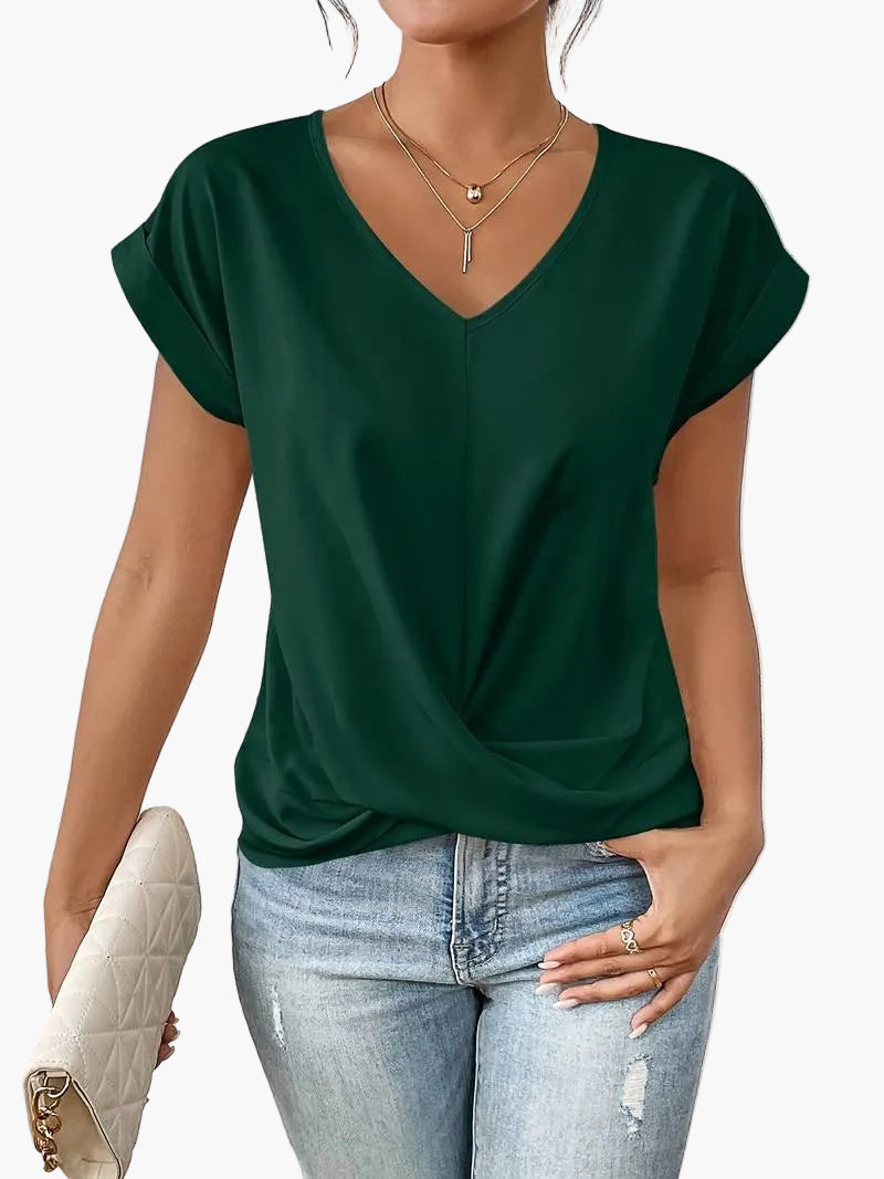 Damen Kurzarm V-Ausschnitt Casual Bluse – Elegantes Freizeitshirt mit modischem Twist-Detail