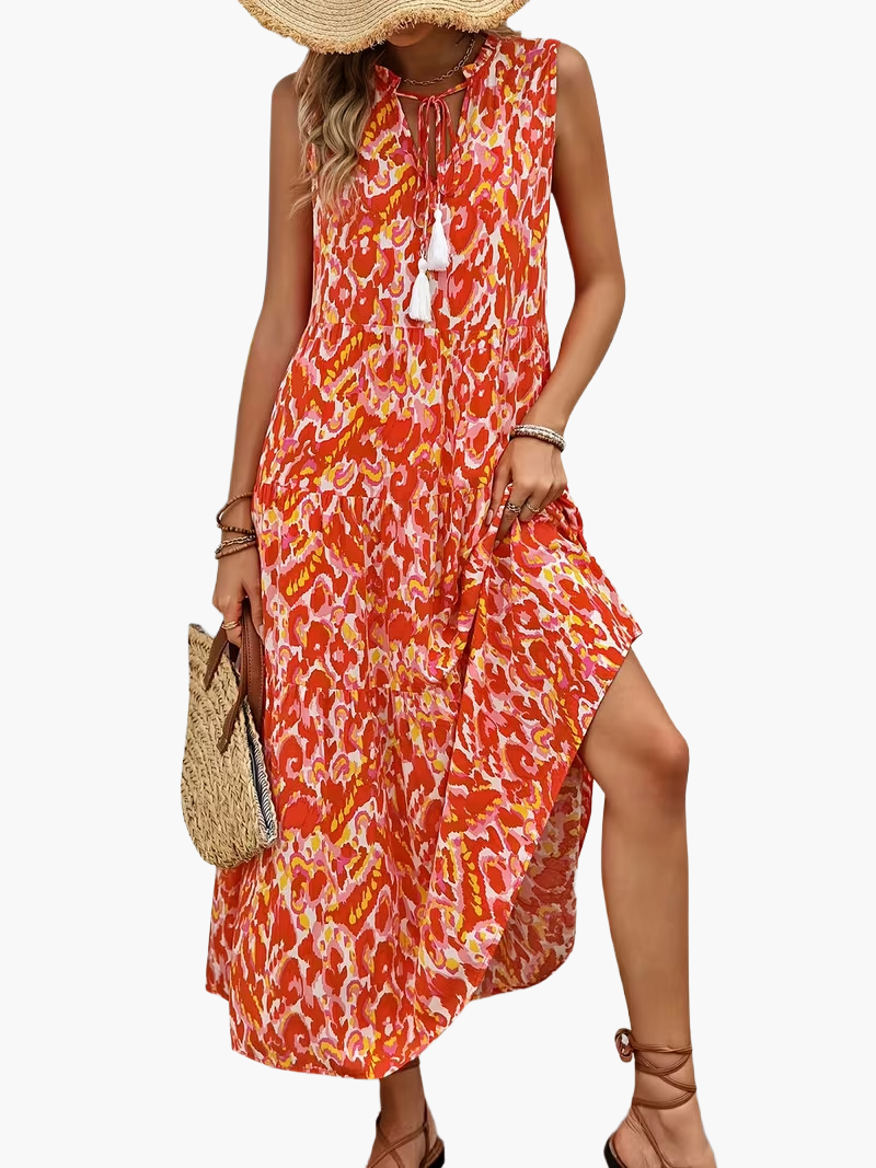 Damen Boho A-Linien Sommerkleid ärmellos – Luftiges Freizeitkleid mit Allover-Print und Quasten