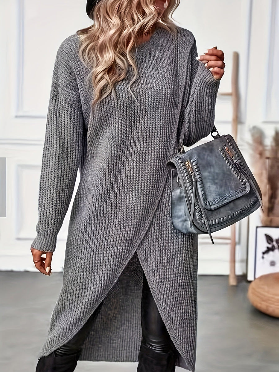 Damen Strickpullover Lang Asymmetrisch Grau V-Ausschnitt