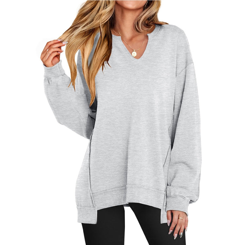 Damen Oversized Pullover V-Ausschnitt Langarm Schwarz Seitenschlitze
