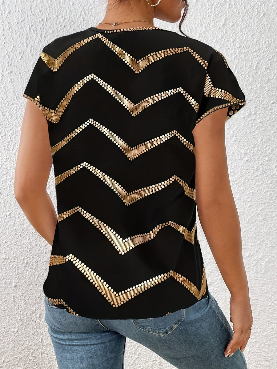 Damen Elegantes Batwing Top mit Metallic-Zickzackmuster für Alltag und Party