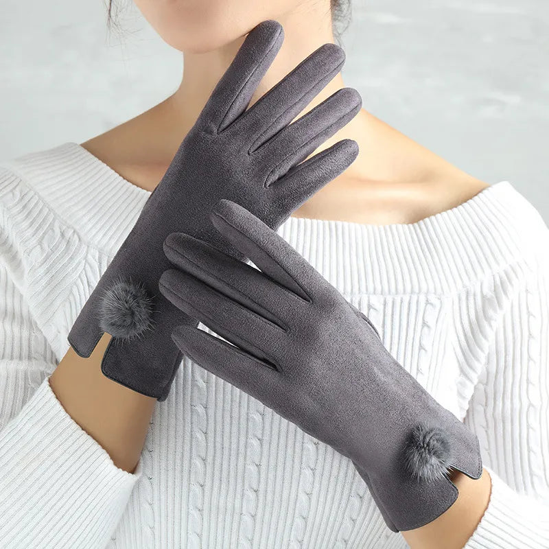 Damen Handschuhe mit Zierschnalle oder Pompon in verschiedenen Farben