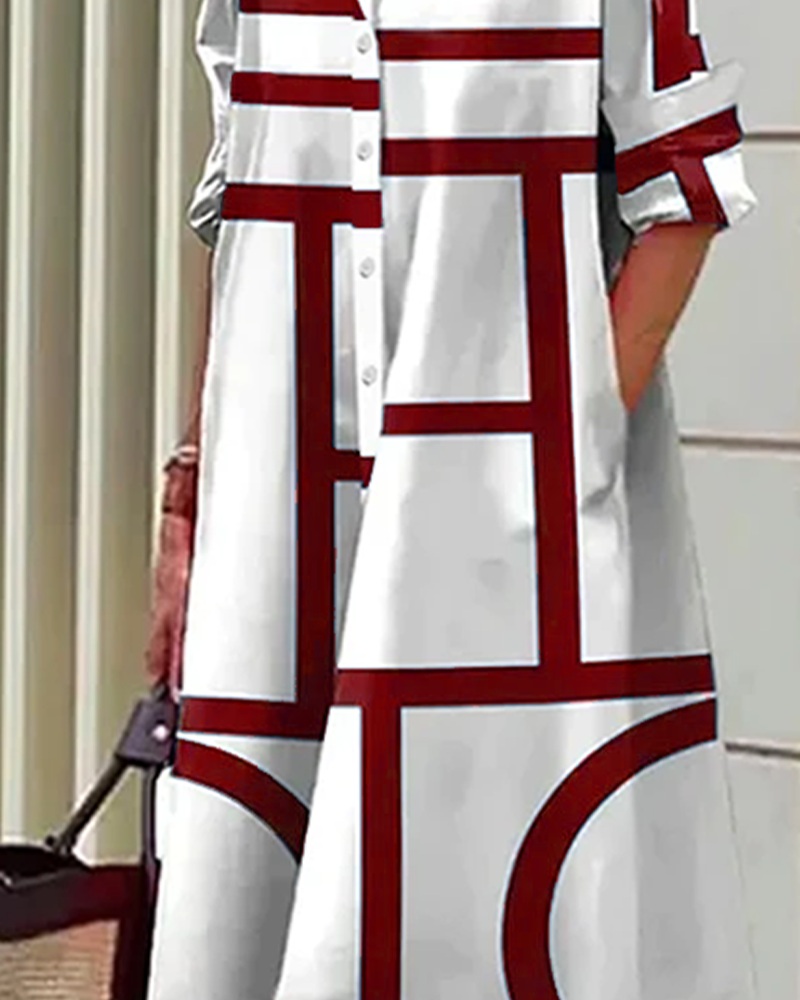 Damen Shirtkleid mit geometrischem Muster und Taschen – Lässiger, moderner Stil für Alltag und Büro