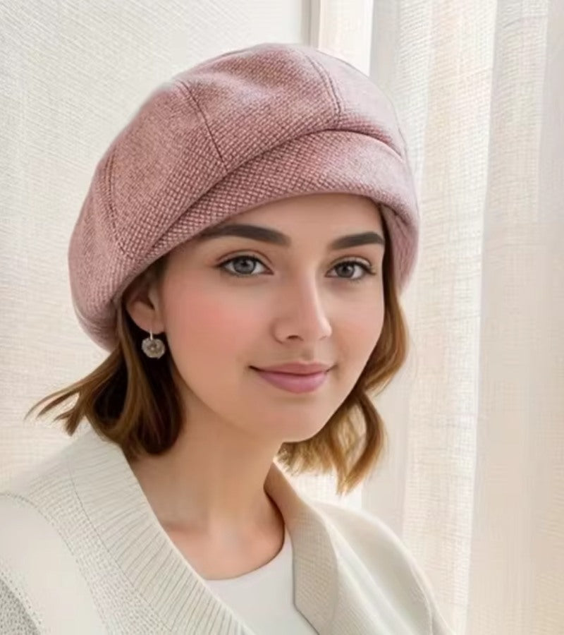 Damen Barett Mütze mit Karomuster Beige