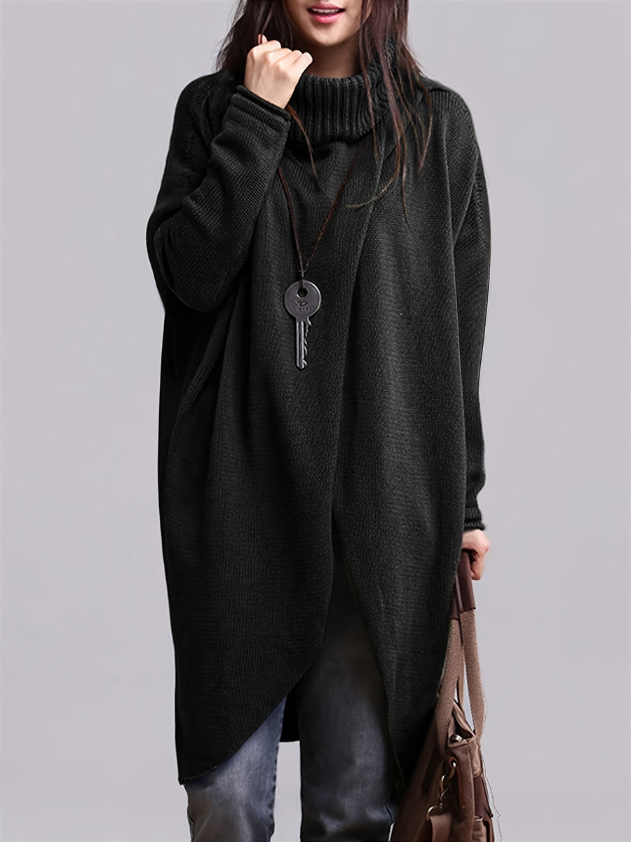 Damen Rollkragen Strickpullover Langarm Asymmetrischer Saum Grün