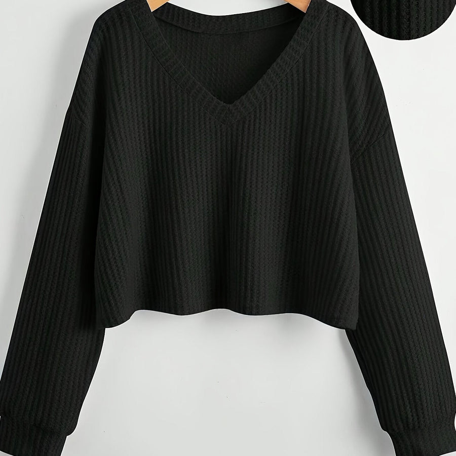 Damen Crop Top Strickpullover V-Ausschnitt Waffelstruktur Langarm