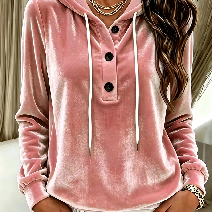 Damen Hoodie Samtoptik mit Kapuze und Knopfleiste, Langarm Sweatshirt Freizeitoberteil