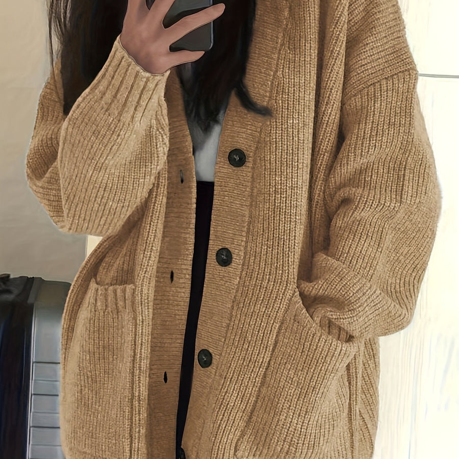 Damen Strickjacke Langarm V-Ausschnitt Knopfleiste Rippstrick Oversize