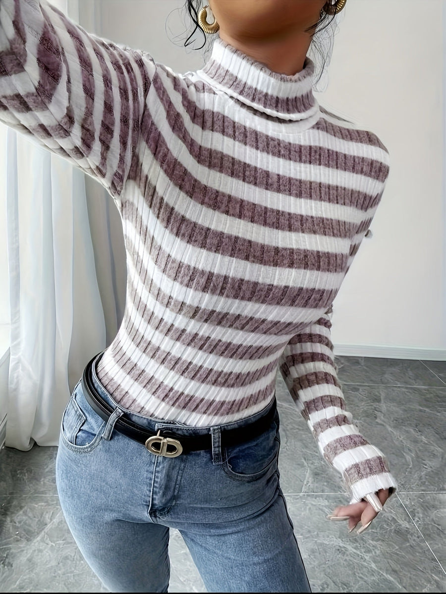 Damen Rollkragenpullover gestreift, Rippstrick, Langarm