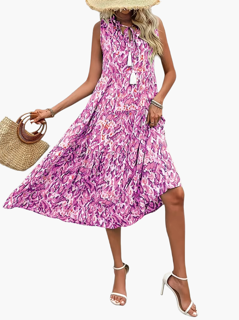 Damen Boho A-Linien Sommerkleid ärmellos – Luftiges Freizeitkleid mit Allover-Print und Quasten