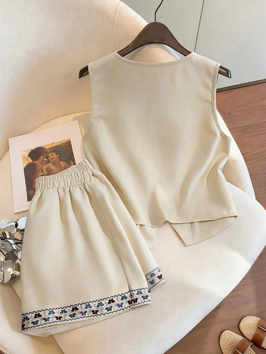Damen Zweiteiler Weste & Shorts Set mit V-Ausschnitt und Stickerei – Ärmelloses Oberteil & Elastische Taille Shorts