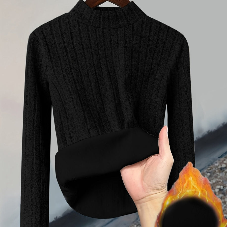 Gerippter Damen Pullover mit hohem Kragen und warmem Fleecefutter, Langarm, Slim Fit
