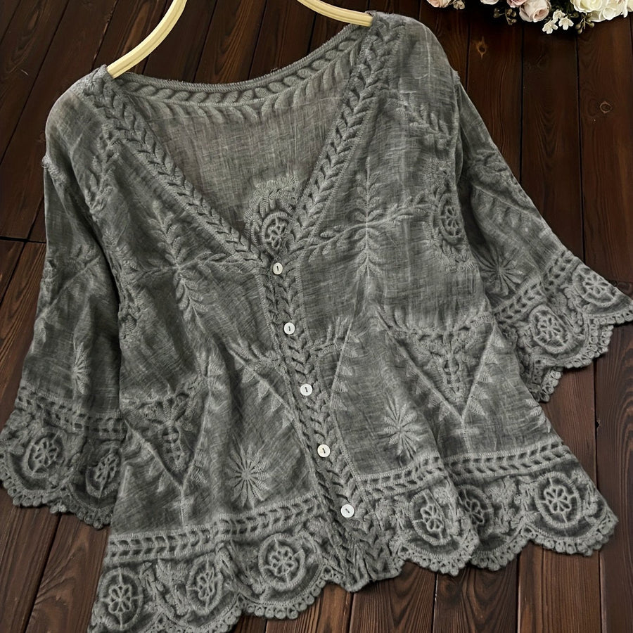 Damen Bluse Stickerei Knopfleiste V-Ausschnitt Tunika Oberteil Langarm Blusen