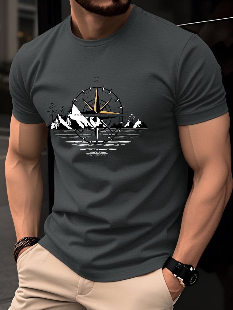 Herren T-Shirt mit Kompass- und Bergmotiv – Outdoor Abenteuer Stil
