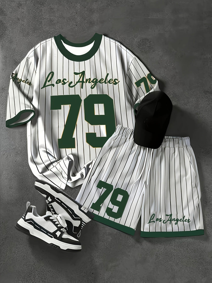 Herren Sportset Los Angeles 79 – Pinstripe Shirt und Shorts im Retro-Stil