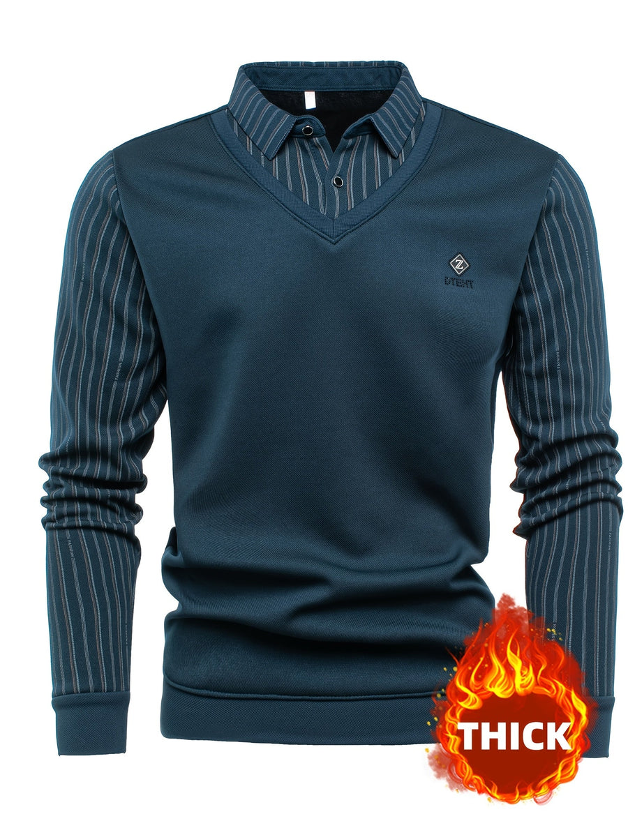 Herren Langarmshirt mit V-Ausschnitt und Hemdkragen, Streifenmuster