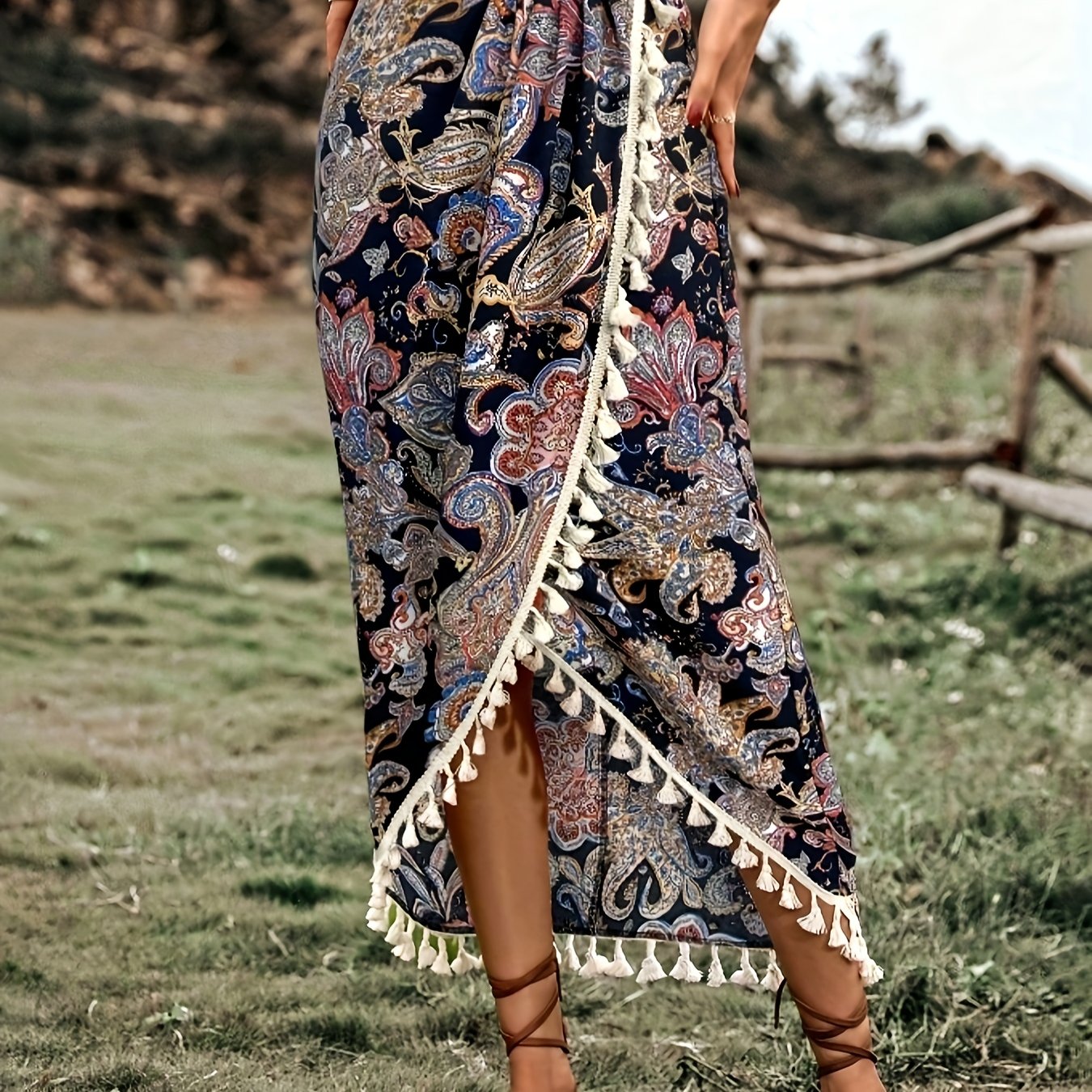 Damen Midirock Boho Wickelstil mit Paisley-Muster und Quasten für Freizeit und Festivals