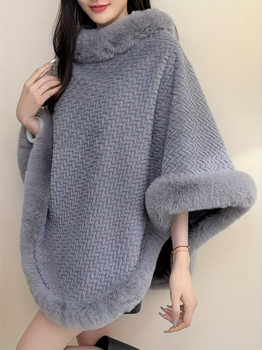 Damen Poncho Kuschelig Weich mit Kunstpelzbesatz Rollkragen