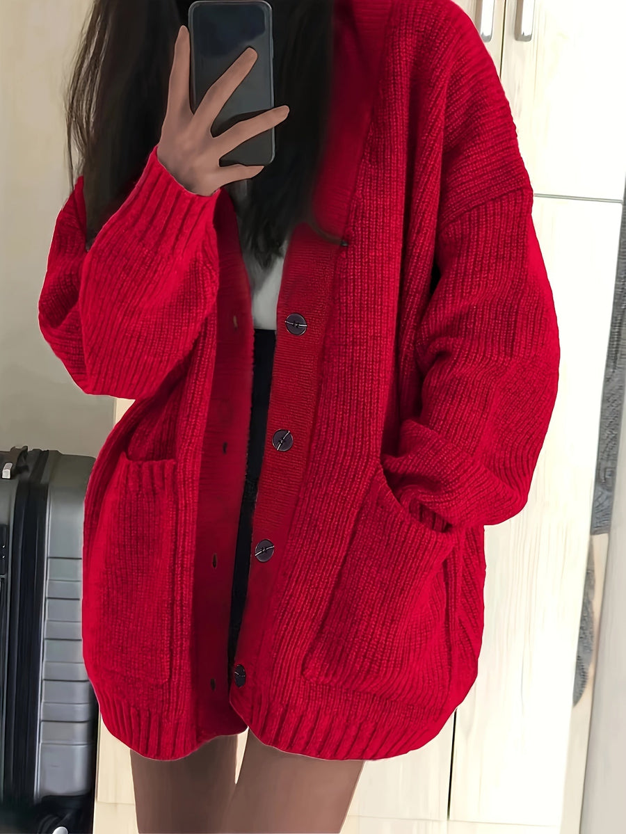 Damen Strickjacke Langarm V-Ausschnitt Knopfleiste Rippstrick Oversize