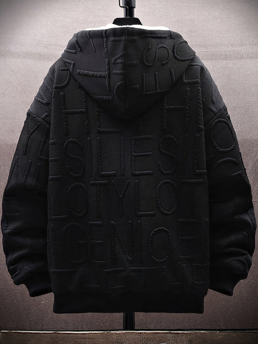 Herren Winter Hoodie Jacke mit Plüschfutter Reißverschluss Dick Gemustert Schwarz
