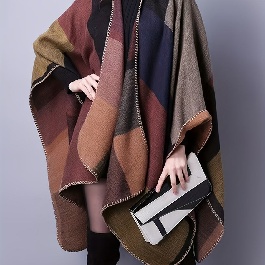 Damen Poncho Cape mit offenem Vorderteil und geometrischem Muster – Boho Stil für Alltag und Freizeit