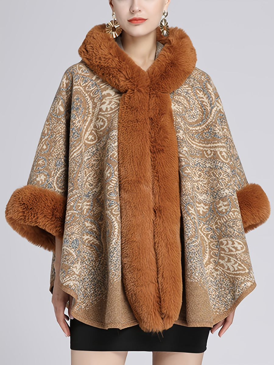 Damen Cape mit Kapuze, Pelzbesatz und Muster – Gemütlicher Umhang