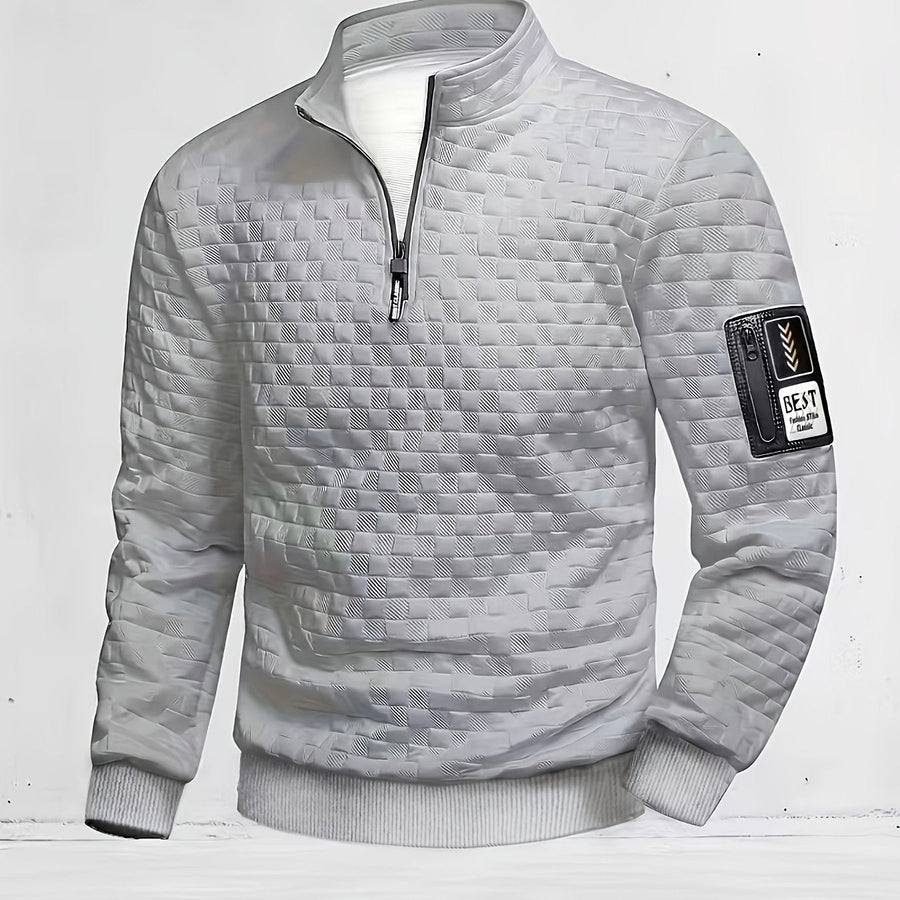 Herren Halb-Reißverschluss Pullover mit Stehkragen und Strukturmuster