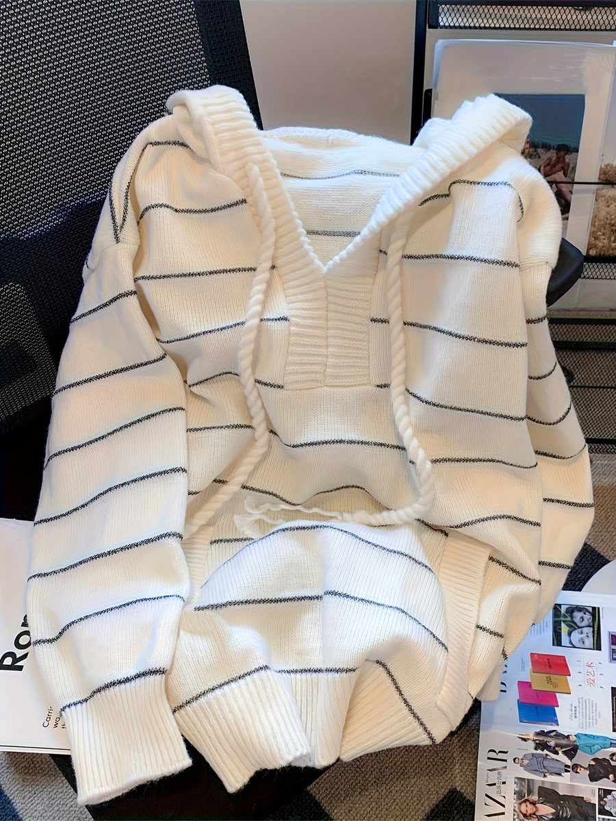 Damen Kapuzenpullover Strickpullover Gestreift Weiß Langarm