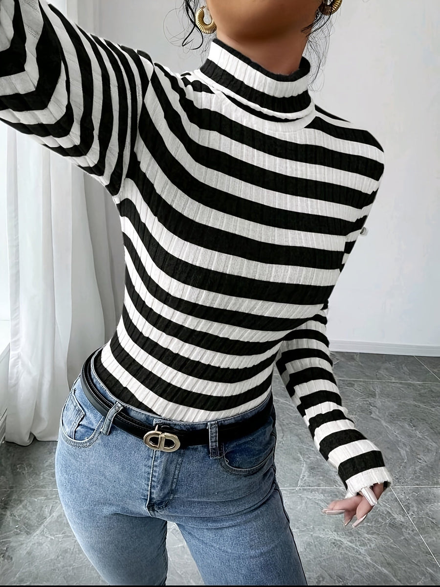 Damen Rollkragenpullover gestreift, Rippstrick, Langarm