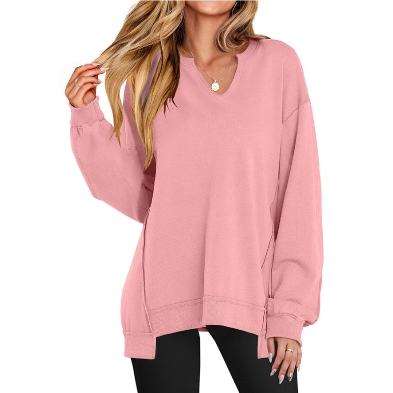 Damen Oversized Pullover V-Ausschnitt Langarm Schwarz Seitenschlitze