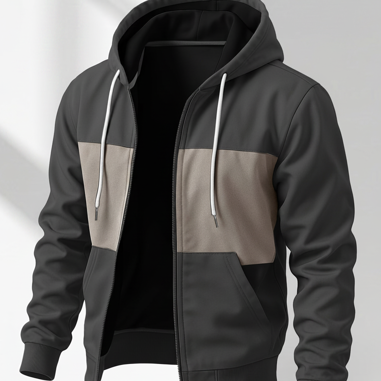 Herren Kapuzenjacke mit Reißverschluss, Color-Block, Rippbündchen, Khaki-Schwarz