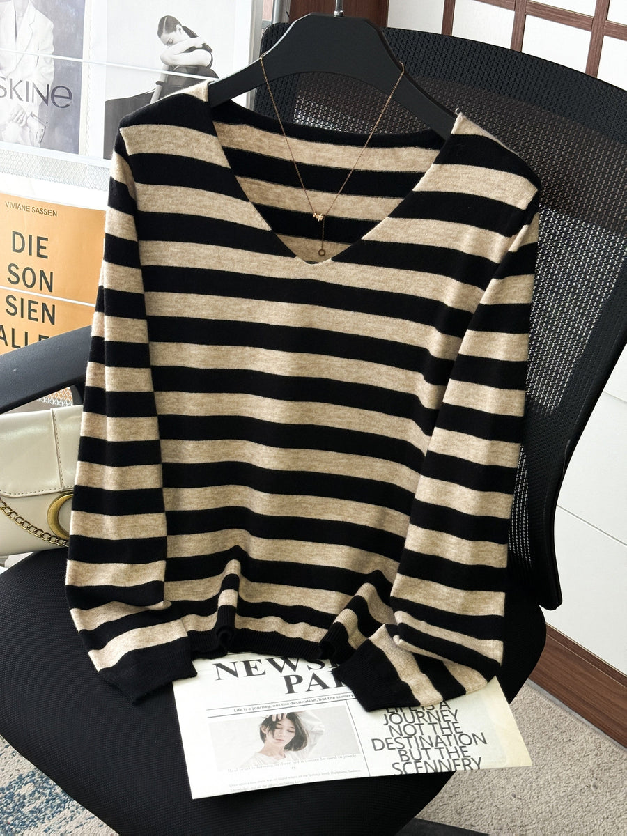 Damen Pullover Gestreift V-Ausschnitt Langarm Strick