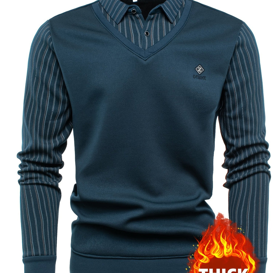 Herren Langarmshirt mit V-Ausschnitt und Hemdkragen, Streifenmuster