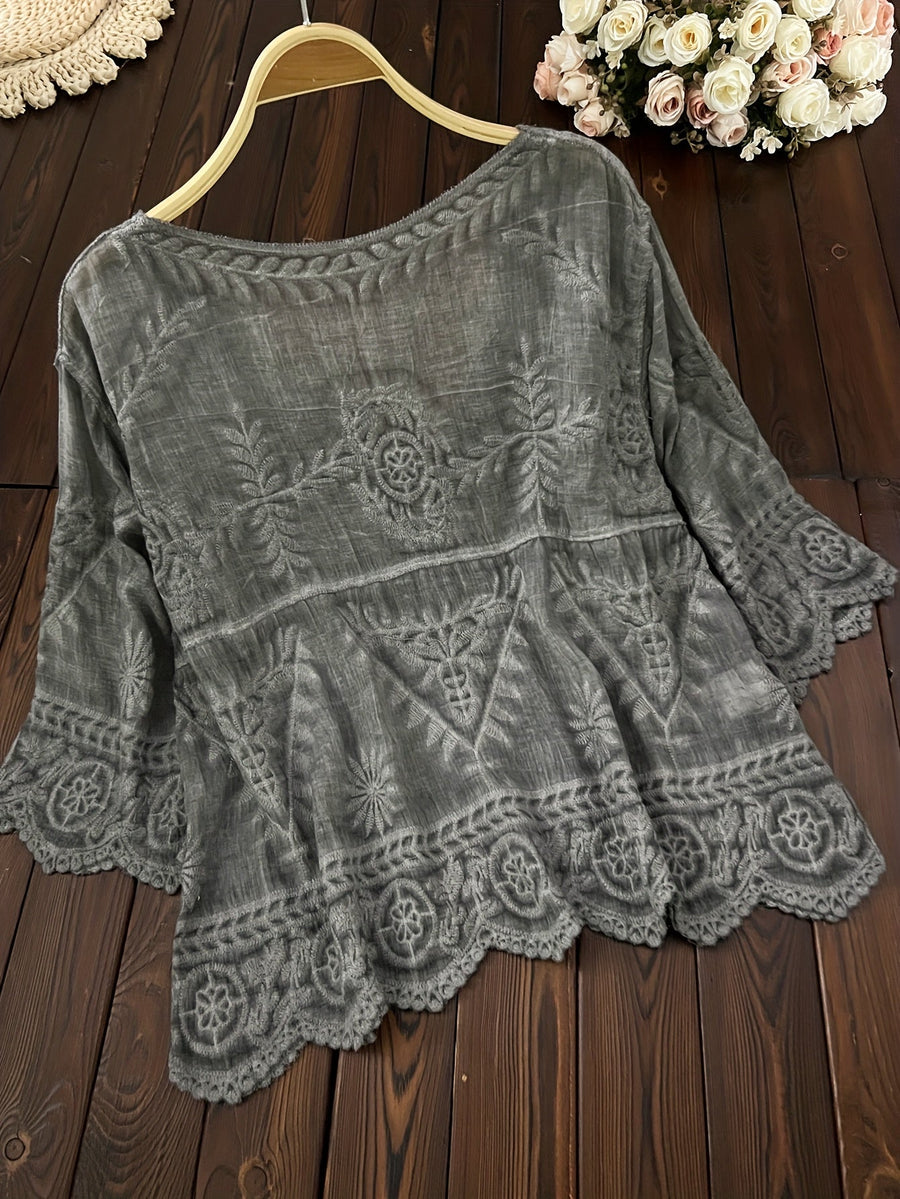 Damen Bluse Stickerei Knopfleiste V-Ausschnitt Tunika Oberteil Langarm Blusen