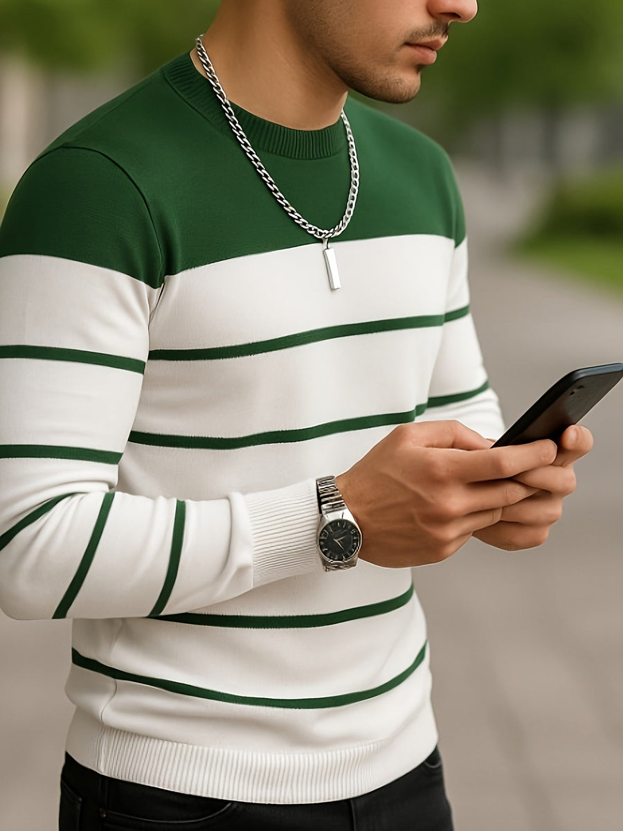 Herren Rundhals-Pullover Gestreift – Langarm, Farbblock-Design