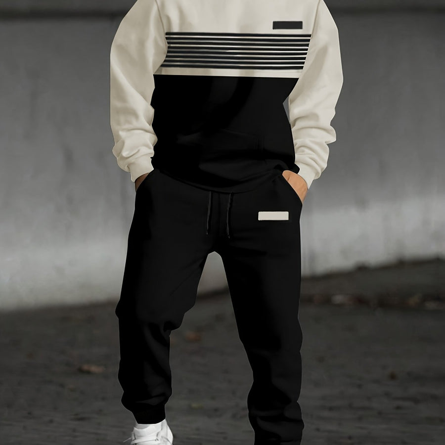 Herren Trainingsanzug Hoodie & Jogginghose Zweiteiler Grau Schwarz mit Streifen