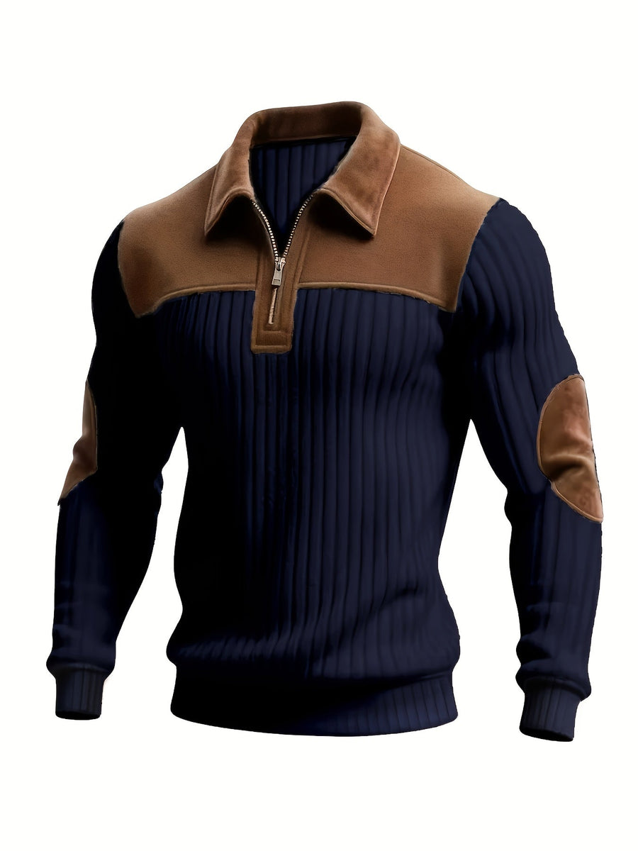 Herren Strickpullover Rippstrick Reißverschluss Kragen Ellenbogenpatches Beige Braun