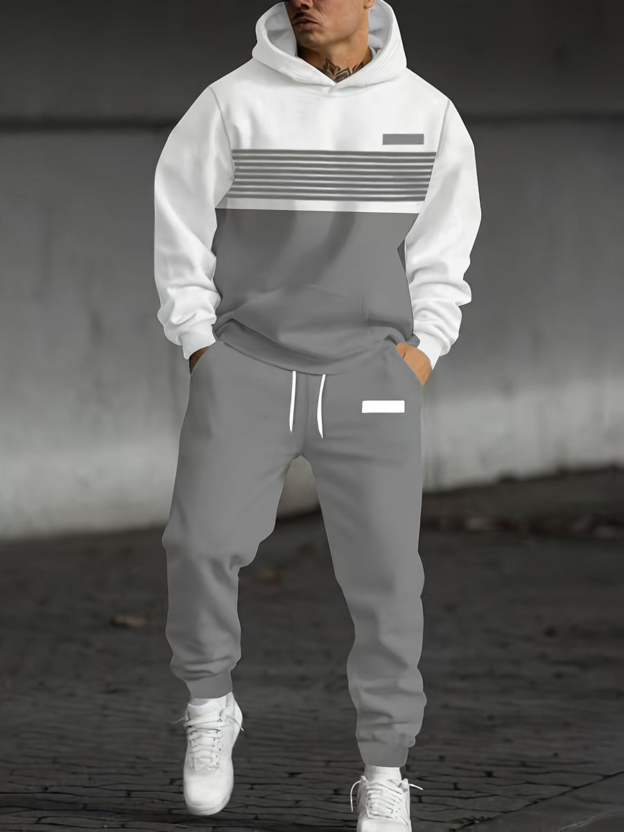 Herren Trainingsanzug Hoodie & Jogginghose Zweiteiler Grau Schwarz mit Streifen