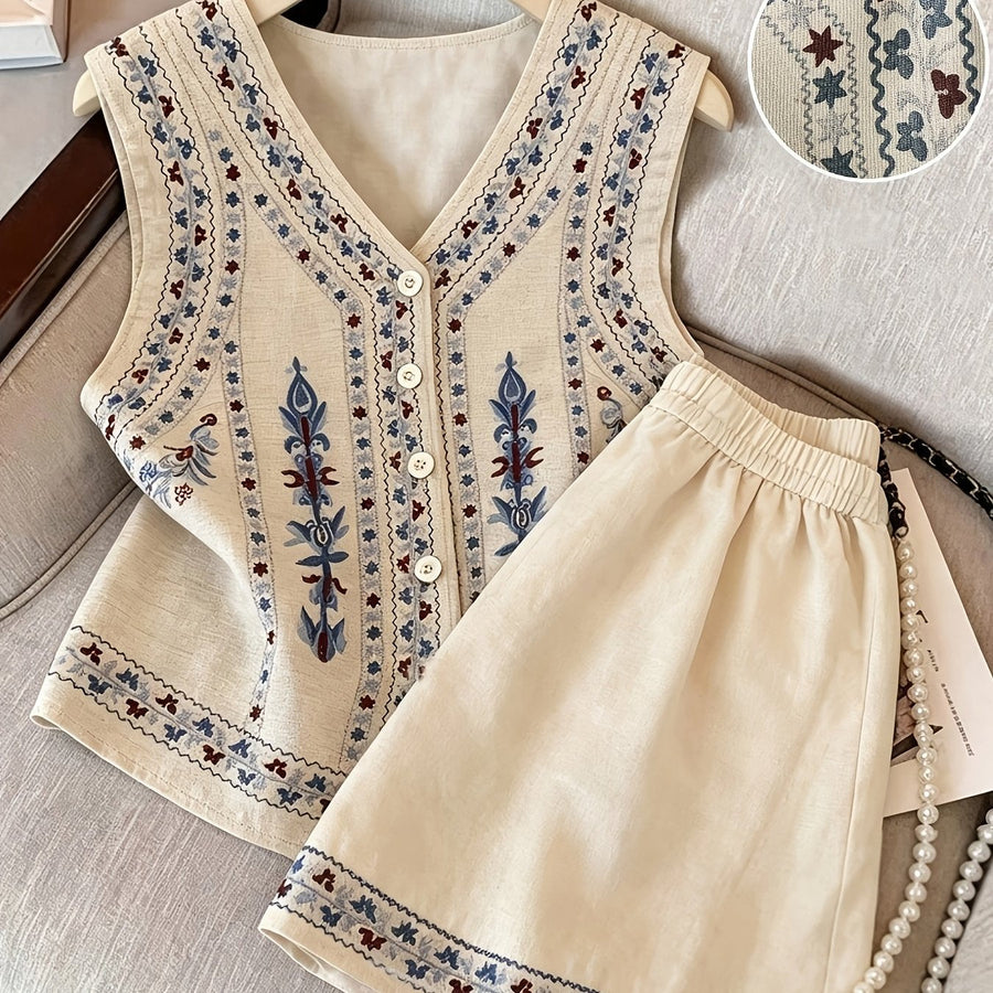 Damen Zweiteiler Weste & Shorts Set mit V-Ausschnitt und Stickerei – Ärmelloses Oberteil & Elastische Taille Shorts