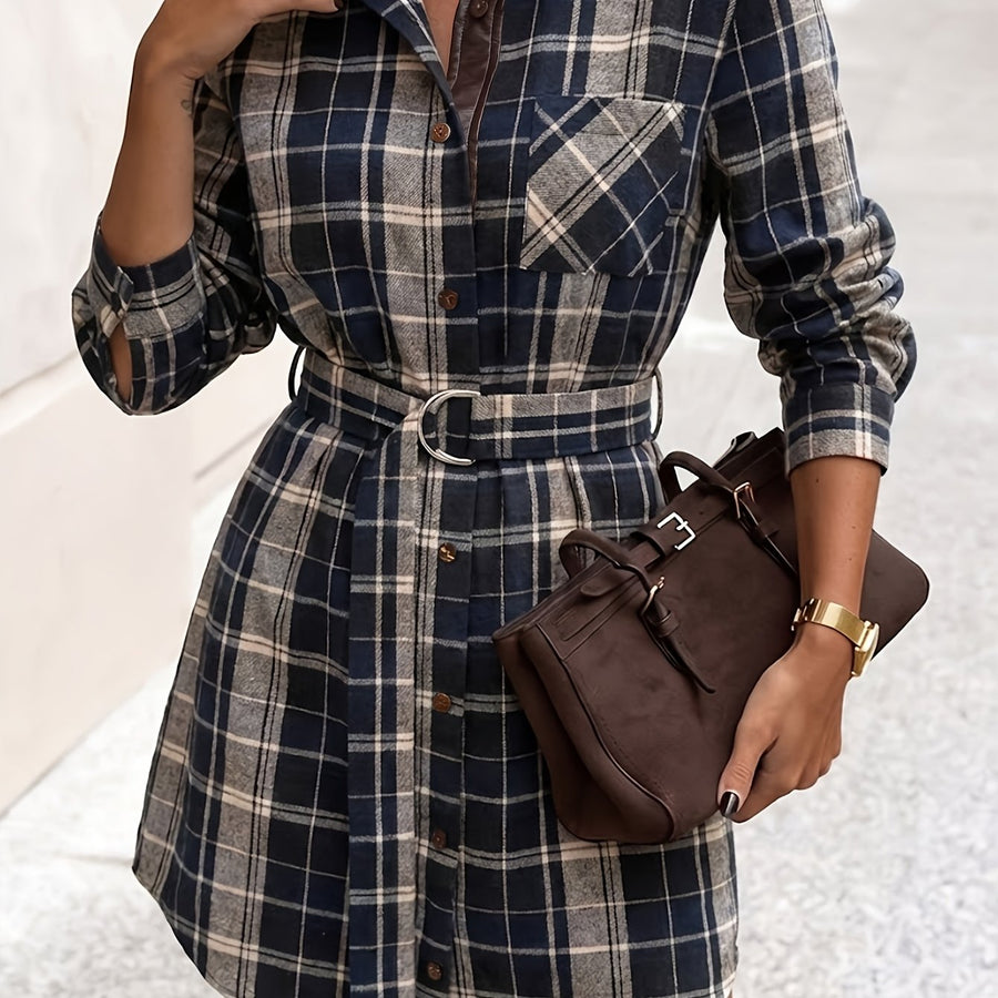 Damen Hemdblusenkleid kariert mit Gürtel Langarm