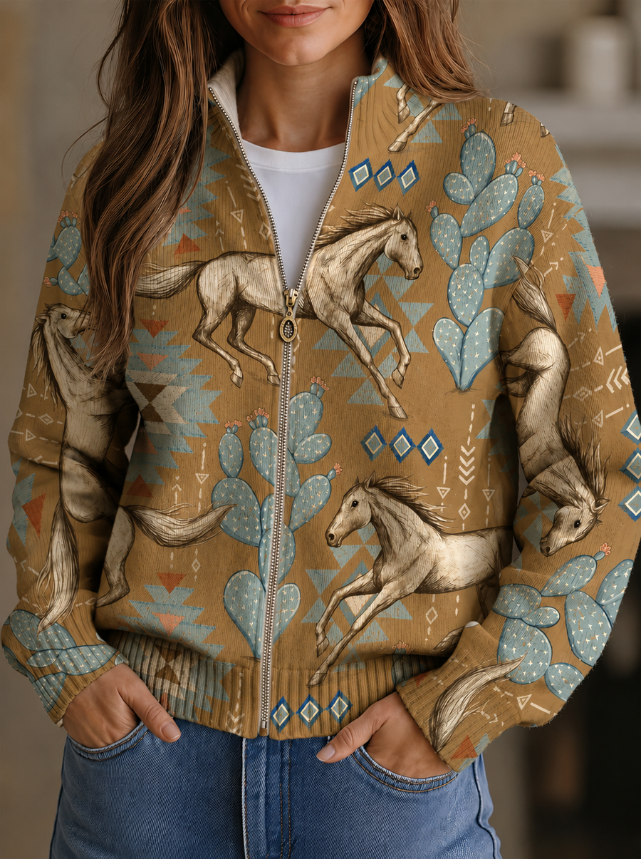 Damen Bomberjacke mit Pferde- & Kaktus-Print, Reißverschluss