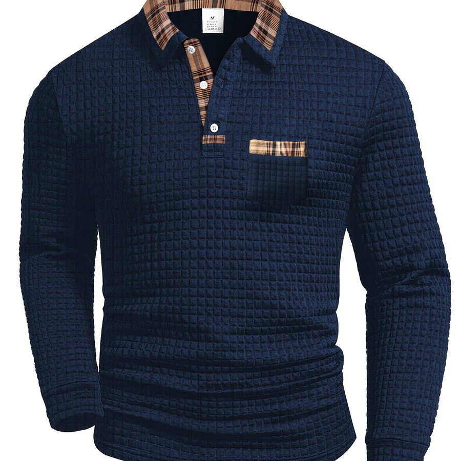 Herren Langarm-Poloshirt Waffelstruktur mit kariertem Kragen und Taschendetail