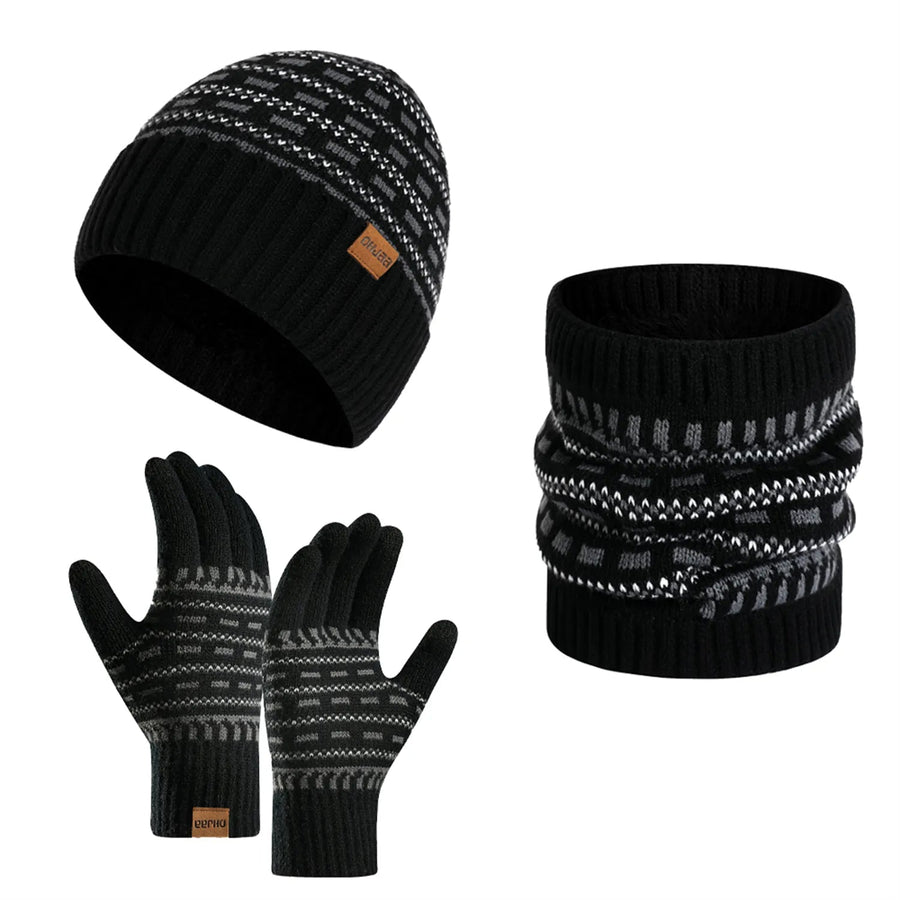 Unisex winterset: gebreide muts, nekwarmer en handschoenen met patroon in lichtgrijs