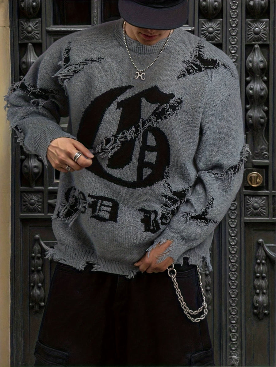 Distressed Pullover mit Rundhalsausschnitt und Gothic-Print