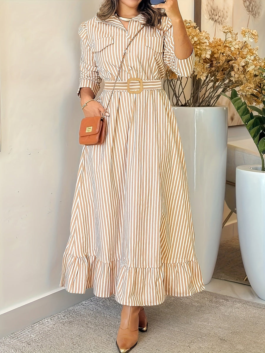 Damen Maxikleid Gestreift Creme Braun Hemdblusenstil Langarm mit Gürtel