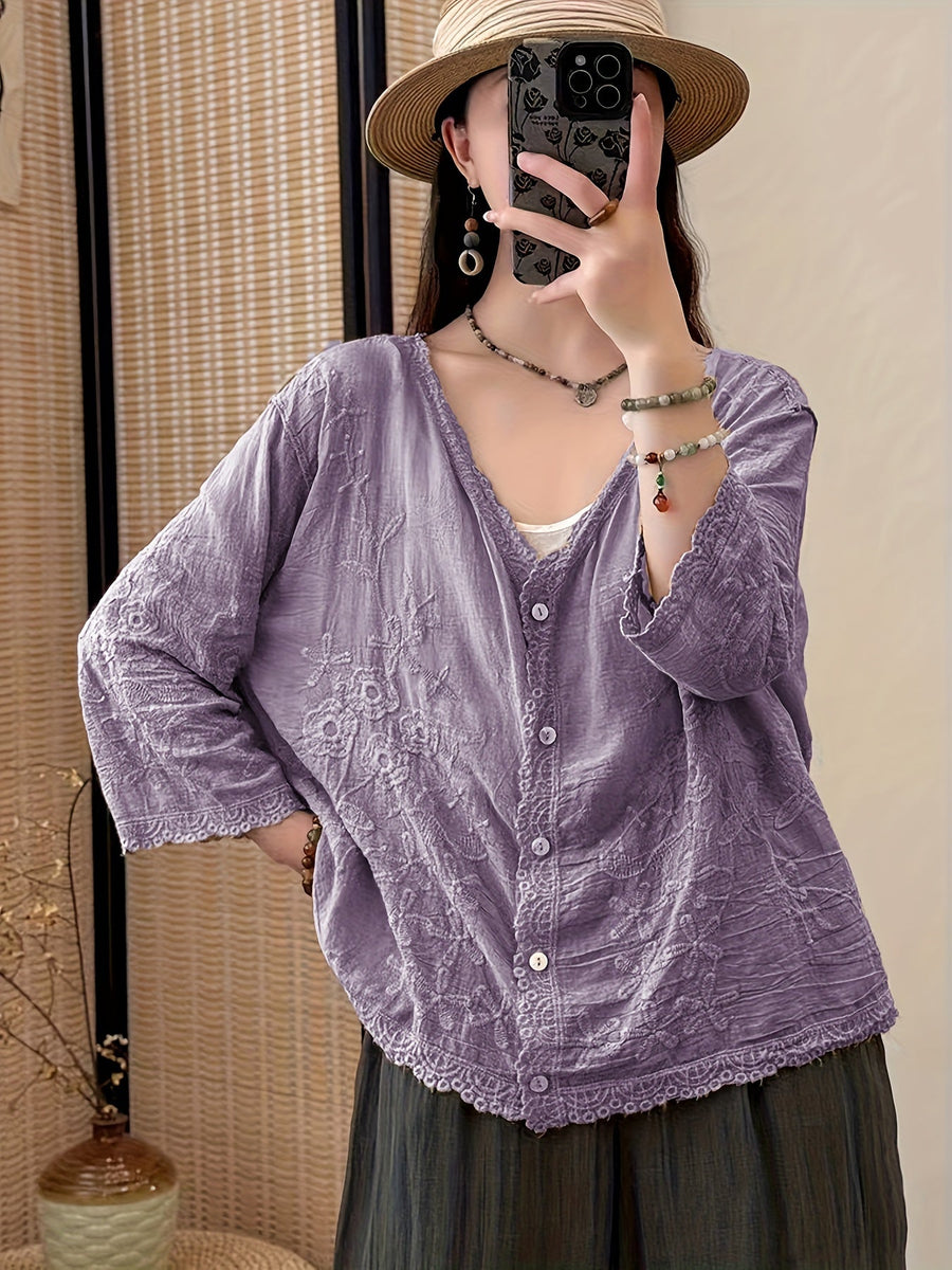 Damen Bluse Langarm V-Ausschnitt Bestickt mit Knopfleiste und Spitze